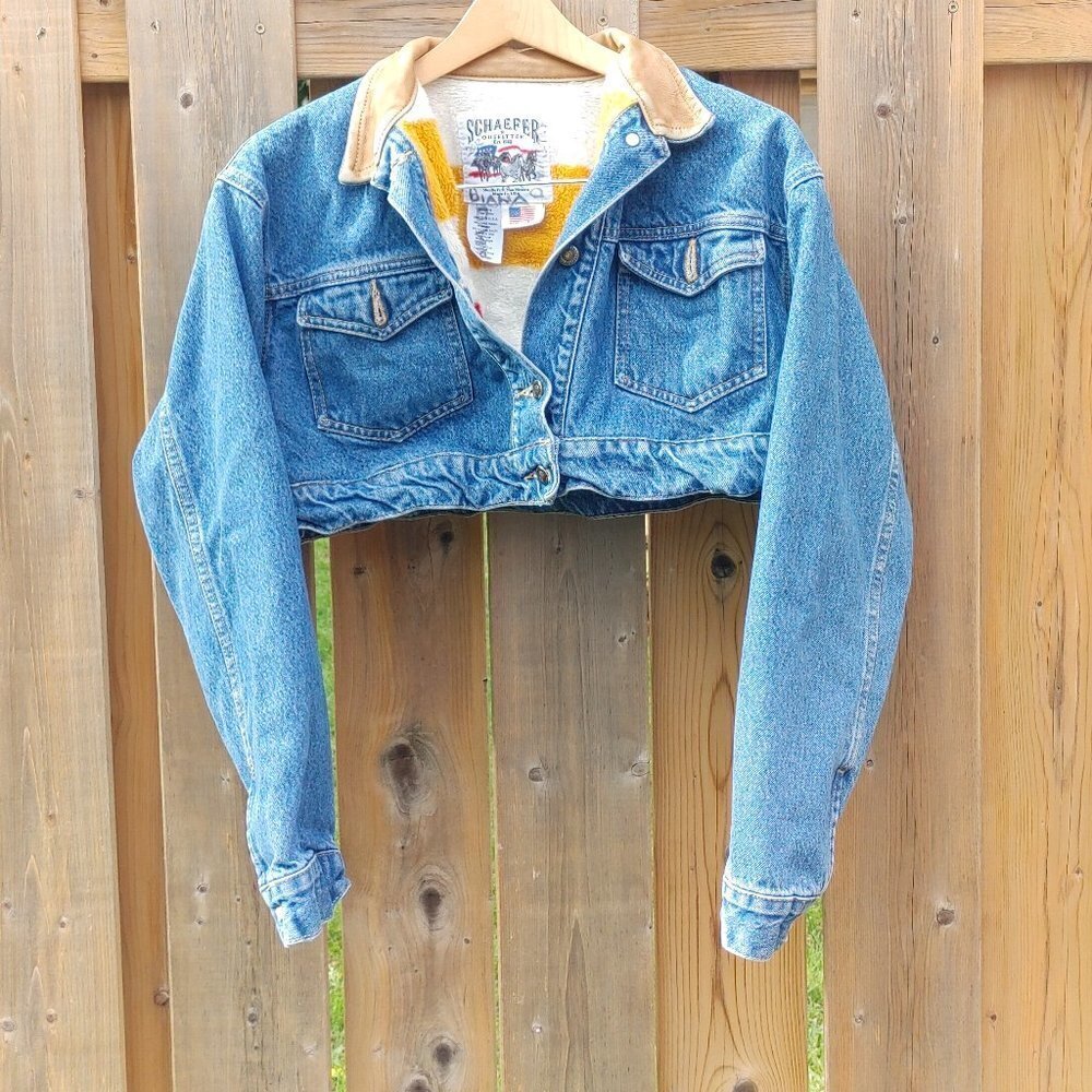 CUTE VINTAGE SCHAEFER Outfitter Since 1982 Women's Medium Denim Blanket CROPPED